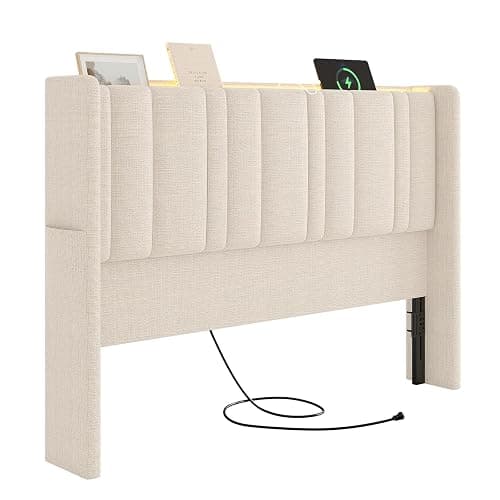 Queen Size Headboard with LED Light & Charging Station, Off White Linen | Wingback Upholstered Headboard Queen, Vertical Channel Stitched Head Board, High-Density Sponge Padding, 2 Storage Pockets thumbnail 9