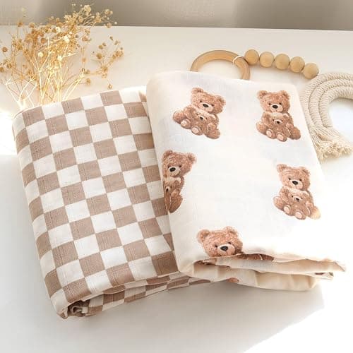LifeTree Muslin Swaddle Blankets Neutral, Baby Swaddling Wrap Nursery Blanket for Boys & Girls Unisex, Soft 70% Viscose from Bamboo and 30% Cotton, Large 47 x 47 inches, Bear & Checkered Coffee thumbnail 7