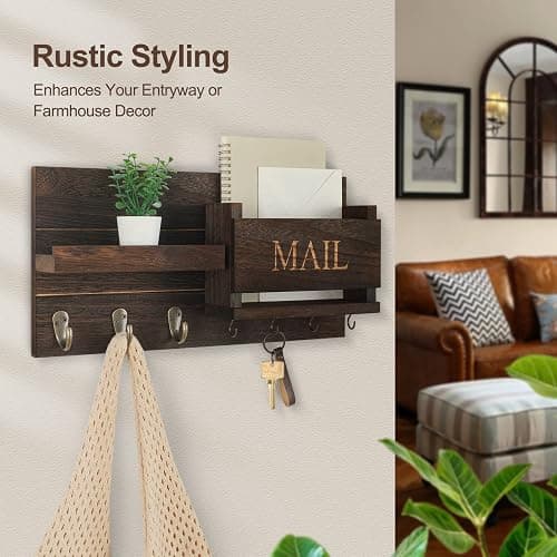 Lwenki Mail Organizer for Wall Mount – Key Holder with Shelf Includes Letter Holder and Hooks for Hallway Farmhouse Decor – Rustic Wood with Flush Mounting Hardware (16.5” x 9.1” x 3.4”) (Brown) thumbnail 6