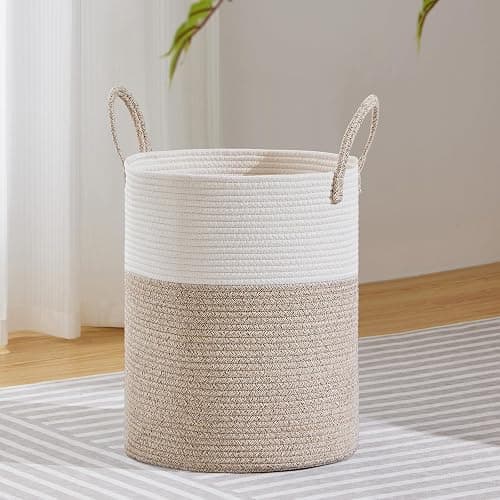 VIPOSCO Large Laundry Hamper, Tall Woven Rope Storage Basket for Blanket, Toys, Dirty Clothes in Living Room, Bathroom, Bedroom - 53L White & Brown - Image 1