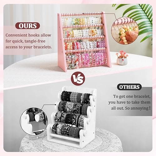 Bellaownia 4 Tier Bracelet Holder Stand with 100 Hooks, Wooden Bracelet Display Organizer Rack for Jewelry, Home, Vendors and Store Display (Pink) thumbnail 5