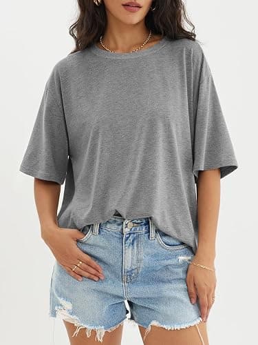 ATHMILE Womens Oversized T Shirts Loose Fit Crewneck Short Sleeve Tops Summer Casual Blouse Y2K 2025 Basic Tee Beach - Small - Grey thumbnail 5