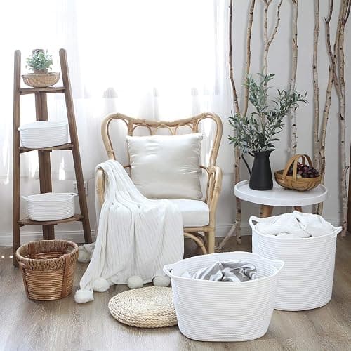 Sea Team Oval Cotton Rope Woven Storage Basket with Handles, Diaper Caddy, Nursery Nappies Organizer, Baby Shower Basket for Kid's Room, 14.2 x 14.2 x 10.2 Inches (Medium Size, White) thumbnail 5