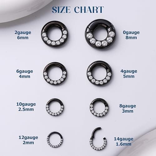 BodyBonita G23 Titanium 0G 2G 4G 6G 8G 10G 12G 14G CZ Septum Rings PA Nose Hoops Clicker Ear Weights for Stretched Ear Piercing Jewelry 10mm 12mm Silver/Gold/Black thumbnail 3