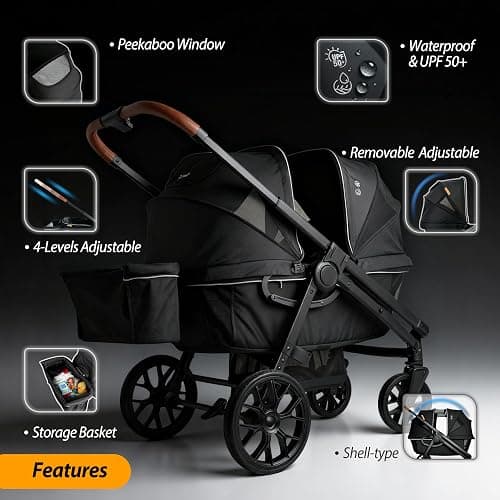 Weego Lightweight Wagon Stroller for 2 Kids, Foldable All-Terrain, Black | Double stroller wagon with removable canopy, adjustable push-pull handle, snack tray, cup holders and storage basket. thumbnail 7