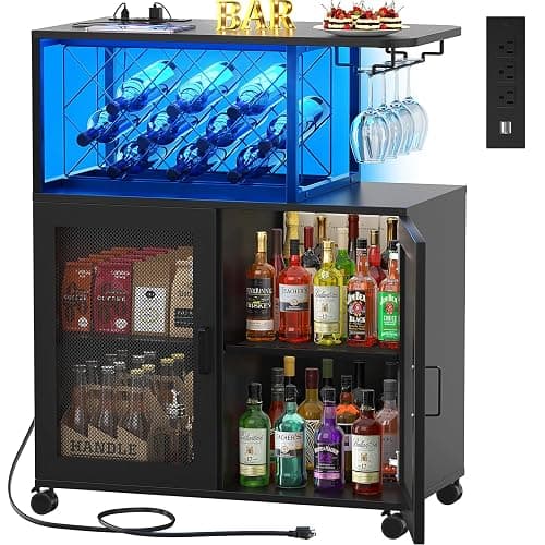 Girapow Small Bar Cart with Wheels, Liquor Cabinet with LED Light, Wine Bar Cabinet with Power Outlets, Home Mini Bar with Wine Rack, Glasses Storage for Kitchen, Dining Room, Living Room, Black - Black - Image 1