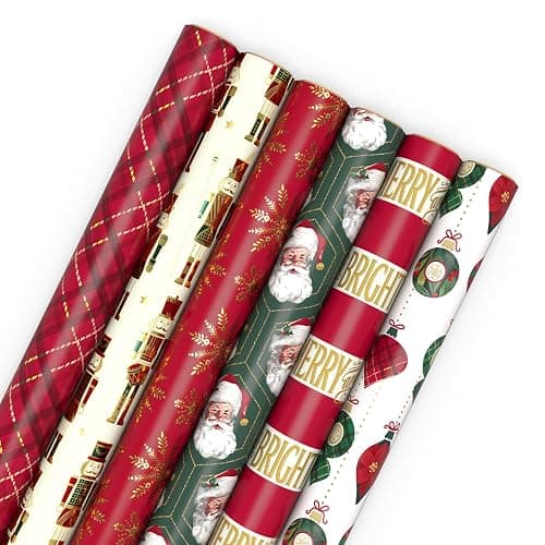 Hallmark Christmas Wrapping Paper Rolls with Cutlines on Reverse (6 Rolls: 150 Sq. Ft. Total) Santa Claus, Nutcrackers, Plaid, Snowflakes, Ornaments - Image 1