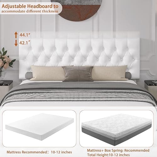 Full Size Bed Frame with 4 Storage Drawers and Adjustable Headboard, Upholstered Faux Leather Platform Bed with Button Tufted Design, Strong Wooden Slats Support, No Box Spring Needed, White thumbnail 4