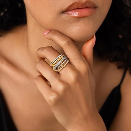 Eaciy Gold Stackable Rings for Women, 14K Gold Plated Cubic Zirconia Rings, Silver Gold Multi Ring Mixed Metals Stackable Ring Set for Women Non Tarnish thumbnail 5