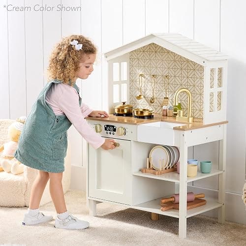 Best Choice Products Pretend Play Wooden Farmhouse Kitchen Set for Kids w/Toy Storage, Clicking Knobs, Windows, 5 Accessories Included - Ocean thumbnail 5