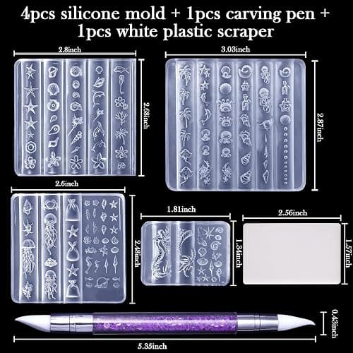 Laza 4pcs Ocean Silicone Nail Art Molds Multiple Mermaid Starfish Nail Mold | Reusable Nail Molds for Nail Art,Good Elasticity,3D Nail Mold, Seashell Jellyfish Beach Nail Charms Molds with Scraper & Pen thumbnail 3