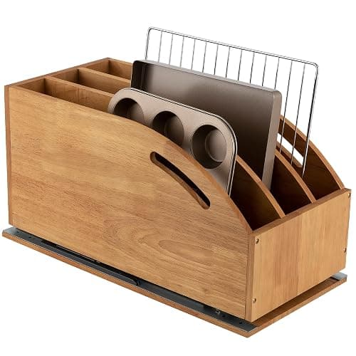 DINDON Pull Out Cabinet Organizer for Pans, Pot lid, Cookie Sheet, Cutting Board, Baking Tray, Slide Out Kitchen Cabinet Storage Organizer, 10.5''W X 21"D X 10.6"H, Wood - Image 1