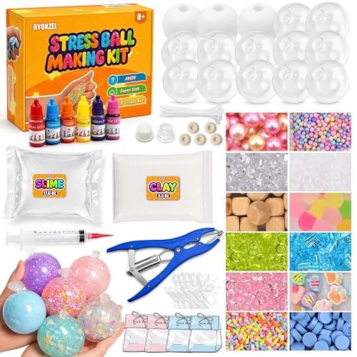 DIY Stress Ball Squishy Making Kit, Make Your Own Squishy Ball Craft Classroom Prize, 15 Empty Big Squishy Skins, 1.2 lb Fillers, 17.6 oz Slime, 3.5 oz Clay, Opening Plier, 6 Coloring, Gift-Ready - Image 1