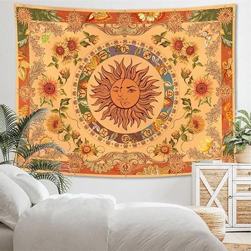 Accnicc Yellow Sun and Moon Tapestry Vintage Indie Boho Tapestry Wall Hanging with Sunflowers Butterfly Moth Constellation Aesthetic Wall Tapestries for Bedroom Dorm Living Room (Orange, 48'' × 36'') thumbnail 2