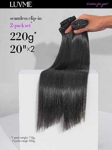 LUVME Silky Straight Seamless 2 Pack 220g 14Pcs Clip in Hair Extensions Full Max with 20inch Remy Human Hair Extensions, Natural Black 100% Real Soft Hair thumbnail 2