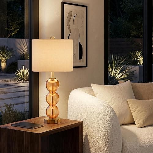Oneach 25" Amber Glass Table Lamps for Living Room, Glass Modern Table Lamp Set of 2, USB Charging Ports, Linen Shade, Bedside Lamps for Bedroom, Nightstand, Side Table (Bulbs not Included) thumbnail 2