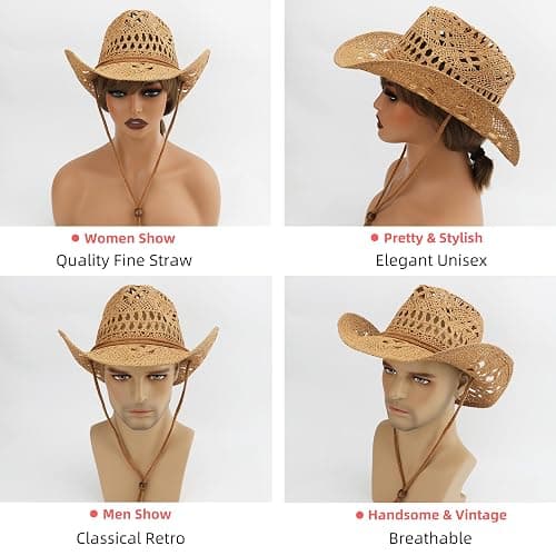 Melesh Straw Cowboy Hat for Women and Men with Shapeable Wide Brim Sun Beach Western Cowgirl Hat thumbnail 6