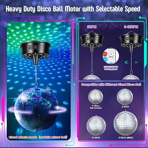 Disco Ball with Motor and 6 Inch Mirror Ball, Rotating 0/3/6/9/12/15 RPM Variable Speed,12 Lighting Colors and 4 Light Modes, 16 FT USB Power Cable and Remote Control, for Party Wedding Christmas thumbnail 2