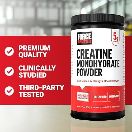 Force Factor Creatine Monohydrate Micronized Powder 500G, 5g Dose to Support Muscle Growth, Strength, Recovery, Cognitive Health & Memory, Unflavored, 100 Servings, 17.6 Oz thumbnail 9