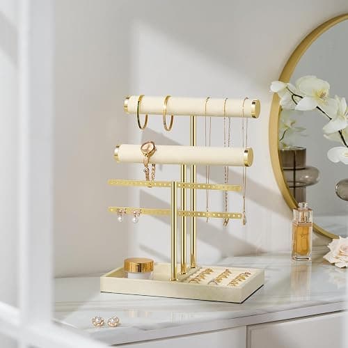 bussdis 3 Tier Bracelet Holder Display - Detachable T Bar Beige Velvet Bracelet Holder, Jewelry Holder Organizer for Bracelet, Necklace, Earrings, Rings thumbnail 2
