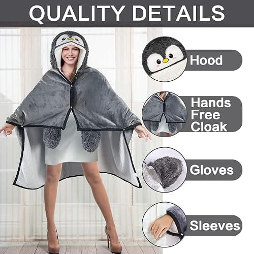 Penguin Wearable Hooded Blanket for Adults – Fuzzy Super Soft Warm Cozy Plush Flannel Fleece & Sherpa Hoodie Throw Cloak Wrap - Penguin Gifts for Women Adults Girls and Kids thumbnail 5