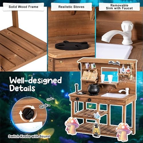 BRINJOY Mud Kitchen Playset for Kids, Wooden Magic Kitchen Set w/Wand, Recipe, Removable Sink, Faucet, Stove, Toddler Outdoor Pretend Play Kitchen, Witch Role Play, Fairy Potion, Gift for Boys Girls thumbnail 4