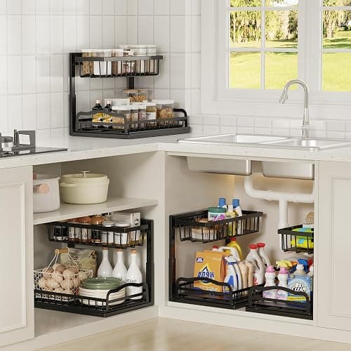 AceMining Under Sink Organizer, 2 Pack Pull-Out Under Cabinet Organizer, 2 Tier Under Sink Storage with Sliding Basket, L-Shaped and Adjustable Height Design for Kitchen and Bathroom thumbnail 9