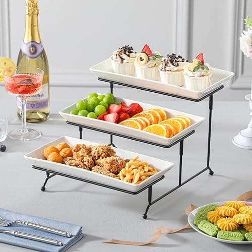 MALACASA 3 Tier Serving Trays for Party, Porcelain Serving Platters and Trays, 12 Inch Tiered Tray Stand, Fruit Tray, Trays for Serving Food, White Dessert Stand with Collapsible Sturdier Metal Rack thumbnail 7