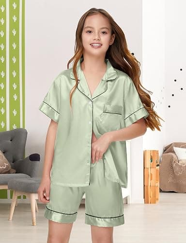 ALHAVONE Silk Pajamas for Girls Satin Pajama Kids 3 Pieces Short Sleeve Girl Button-down Pjs Shorts Pants Sleepwear thumbnail 3
