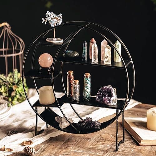Apresolar Moon Shelf for Crystals - Circle Shelf Wall Decor for Wall and Countertop - Crystal Shelf Display for Stones, Essential Oil, Pendulum - Boho Hanging Moon Shelves (Retro Black) thumbnail 6