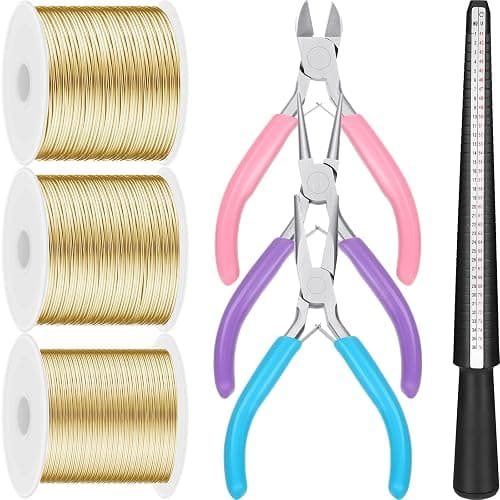 3 Rolls 18/20/22 Gauge Craft Wire for Jewelry Making Aluminum Wire with Ring Sizer Pliers for Jewelry Making(Gold) - Image 1