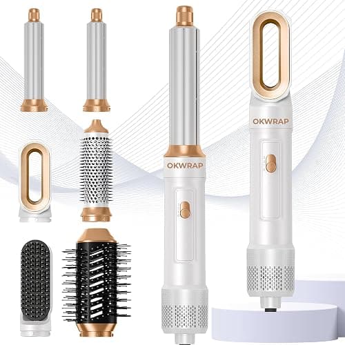 6 in 1 Blow Dryer Brush, Curling Wand Hair Air Styling Tools Set, Ionic with Massage Hot Air, Round Thermal Straightener,Left&Right Curling Wand - Image 1