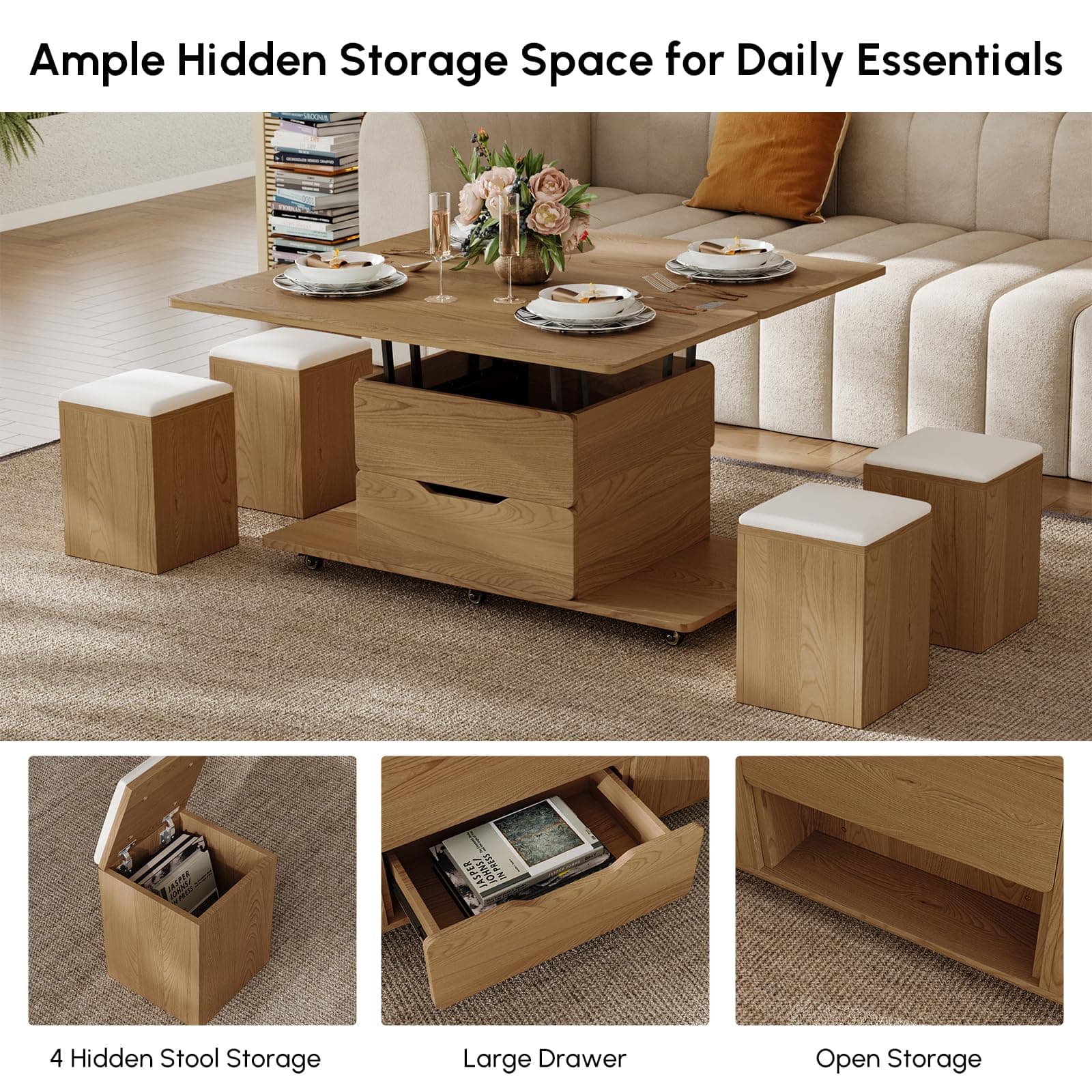 Homary Lift-up Wooden Coffee Table with 4 Hidden Soft Chairs, Hydraulic Swivel, Extendable Dining & Work Table, Built-in Storage, Space-Saving for Living Rooms & Flats thumbnail 2