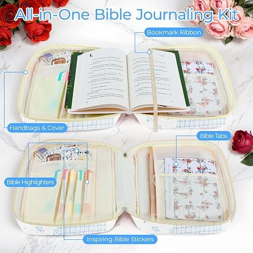 WOBAGMEN Bible Cover Case for Women,Large Bible Tote Bags Organizer Quilted Carrying Case for Girls,Bible Study Supplies Accessories Christian Gifts for Women (Blue Patchwork, M) thumbnail 4