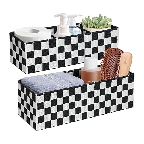 BinWhiz 2-Pack Checker Pattern Woven Bins, 16” Ribbon Metal Wire Desk Organizer, Drawer Dresser Baskets, Countertop Toilet Paper Storage Containers (Black & White) - Image 1