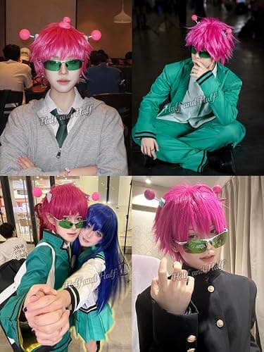 Short Rose Red Anime Cosplay Wig for Men Pink Red Male Wigs with Bangs | Dark Pink Spiky Layered Synthetic Hair Wigs for Unisex Women Halloween Party Costumes thumbnail 2