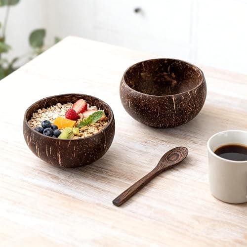 Mrxxjz Handmade Coconut Bowl Set with Wood Spoons, Eco Friendly Tableware | Natural sustainable dinnerware set, perfect serving bowl for smoothies, salads, fruits and dessert treats. thumbnail 5