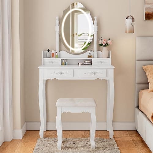 Vanity Desk with Mirror and Lights, Modern Vanity Makeup Table and Cushioned Stool Set with 4 Drawers, 3 Color Lighting Modes with Adjustable Brightness, Dressing Table Set for Bedroom (White Vanity) thumbnail 9