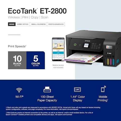 Epson EcoTank ET-2800 Wireless Color All-in-One Cartridge-Free Supertank with Scan and Copy, The Ideal Basic Home Printer - Black thumbnail 5