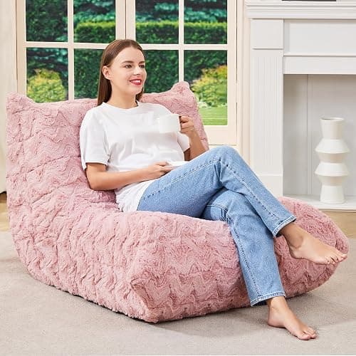 Bean Bag Chairs for Adults Giant Bean Bag Chair Memory Foam BeanBag Chair Bean Bag Sofa with Filler Faux Fur Fireside Beanbags Lazy Sofa for Living Room Bedroom Office (Pink Chevron, Single) thumbnail 3