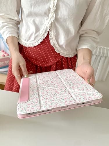 Detachable Magnetic Adjustable Kickstand Leather Folio Case with Stylus Holder for Apple iPad 10.2-inch 9 9th Generation 2021 White Pink Rose Flower Floral Pretty Chic Cute Lovely Girls thumbnail 9