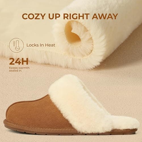 KIDMI 100% Genuine Leather Slippers for Women Fuzzy Winter Scuff House Shoes Cozy Warm Slip on Bedroom Slippers Indoor Outdoor thumbnail 4