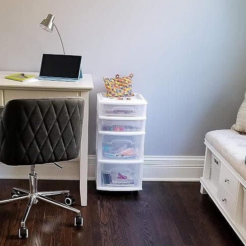 HOMZ Drawer Tower, 4-Tier Clear Plastic Storage Organizer Cart, White Frame – Rolling Containers with Wheels for Bathroom, Bedroom, Office, and Classroom Organization thumbnail 2