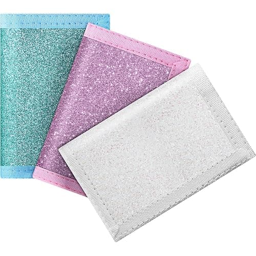 Weewooday 3 Pcs Kids Wallets, White, Blue, Light Purple, Glitter Style | Boys Girls Ages 6-18, Canvas Trifold Wallets with Sticker and Zipper Pocket for Kids and Teens, Christmas Birthday Gift - Image 1