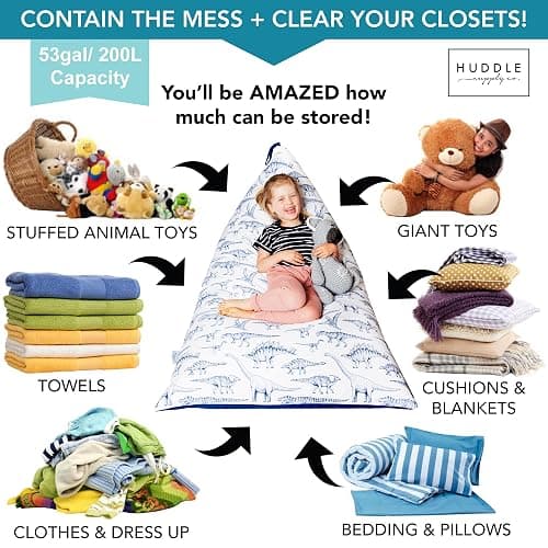 Huddle Original Cover for Stuffed Animal Bean Bag Storage (No Filler) XL Designer Beanbag Chair for Kids & Adults | Instant Clutter Clear for Stylish Moms - 100% Cotton Canvas Chair Blue Dinosaur thumbnail 4