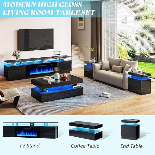 AMERLIFE Fireplace TV Stand with 36" Fireplace, 70" Modern Fireplace Entertainment Center LED Lights, 2 Tier TV Console Cabinet for TVs Up to 80", Obsidian Black thumbnail 6