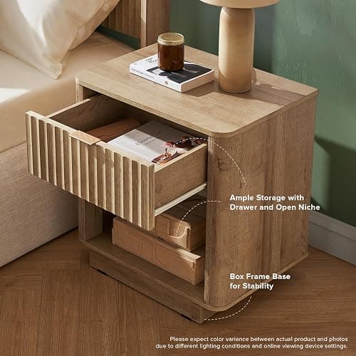 mopio Brooklyn Fluted Nightstand, Modern Farmhouse Nightstand, Small Side, Wood Bedside Table with Drawer, End Table with Storage, Fluted Night Stand, Curved Profile (Golden Oak, Single) thumbnail 4