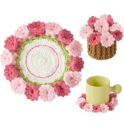 Crochet Flower Coasters, Handmade Bouquet Coasters with Crochet Plant Pot (Blush Pink, 1Pc) - Image 1