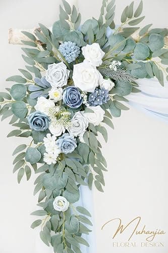 Muhanjia Artificial Arch Flowers Kit(Pack of 4),2Pcs Artificial Flower Arch Decor, 2Pcs Drapes, Ceremony and Reception Background Rose Decoration, Grayish Blue Floral Outdoor Party Decor thumbnail 3