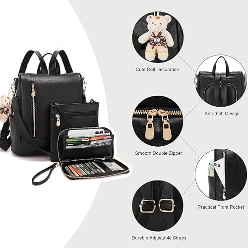 Soperwillton Women Fashion Backpack Purse Anti-Theft Leather Shoulder Bag Travel Multi Pockets Handbag Wallet Set 3pcs thumbnail 4